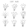 Light bulb hand drawn vector icon set