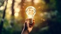 Light bulb hand on nature blur background generative AI Royalty Free Stock Photo