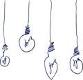 Light bulb hang from ceiling on wire. Electric lighting. Set of glass devices. Modern design. Black and white Hand drawn doodle Royalty Free Stock Photo