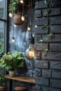 A light bulb hanging from a brick wall next to plants, AI Royalty Free Stock Photo