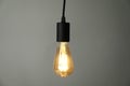 Light bulb hanging on cord against grey background Royalty Free Stock Photo