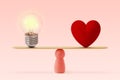 Light bulb and heart on scale on pink background- Concept of woman and balance between heart and brain