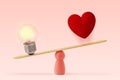 Light bulb and heart on scale on pink background - Concept of woman and brain priority over heart in life Royalty Free Stock Photo