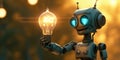 Light bulb held by a robot, rendered Unreal Engine, glimmers. Royalty Free Stock Photo