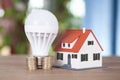 Light bulb and house model on euro coins Royalty Free Stock Photo