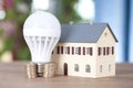 Light bulb and house model on euro coins Royalty Free Stock Photo