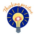 Light bulb with human brain plus symbol logo. Positive thinking, creative idea, mind, solution concept. Vector