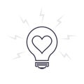 Light bulb icon as a symbol of idea. Outline lamp vector sign with lightning and heart inside. Creative valentines day