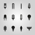 The light bulb icon, set of 12 icons. Lamp and bulb, lightbulb symbol.UI. Web. Logo. Sign. Flat design. App.