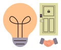Innovation and Collaboration for Secure Solutions Concept with Light Bulb, Locked Door, and Handshake Royalty Free Stock Photo