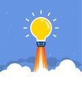 Light bulb idea insight rocket launch concept background. Lightbulb vector design cartoon unique creative idea. Royalty Free Stock Photo