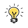 Light bulb idea rays shine Doodle Cartoon Flat style. Hand drawn Symbol creativity, inspiration. Royalty Free Stock Photo