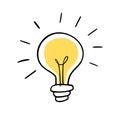 Light bulb idea rays shine Doodle Cartoon Flat style. Hand drawn Symbol creativity, inspiration. Royalty Free Stock Photo