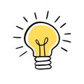 Light bulb idea rays shine Doodle Cartoon Flat style. Hand drawn Symbol creativity, inspiration. Royalty Free Stock Photo