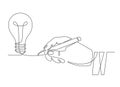 Light bulb idea. Sketch hand with pen drawing one line bulb, invention or creative thinking symbol. New project Royalty Free Stock Photo