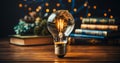 a light bulb with illuminated Globe Earth map inside sitting on top of a wooden table with blurry books in the background and Royalty Free Stock Photo