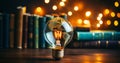 a light bulb with illuminated Globe Earth map inside sitting on top of a wooden table with blurry books in the background and Royalty Free Stock Photo