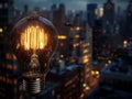 Light Bulb Illuminates Cityscape at Night, Spark Innovation and Bright Ideas Royalty Free Stock Photo