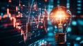 Creativity and innovation symbolized by a light bulb with stock market graphs in the background