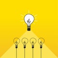 Light bulb illuminating others. Concept of team leader, innovation and creativity in business. Vector illustration