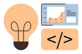 Creative coding concept with data visualization, programming syntax, and innovation symbol Royalty Free Stock Photo