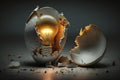 Light bulb inside a broken egg. Concept of ideas being born and new ideas. Generative AI.