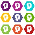 Light bulb inside head icon set color hexahedron