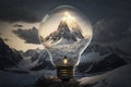 A light bulb isolated on top of a mountain. Generative AI.