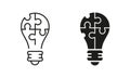 Light Bulb with Jigsaw Puzzle Idea Line and Silhouette Icon Set. Innovation, Inspiration, Think. Lightbulb and Game