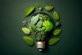 Light bulb between the leaves. Concept of Sustainability, ecology, renewable energy and recycling. generative AI