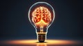 Light bulb with lightening human brain inside of it, highlight power of mind to illuminate darkness of ignorance