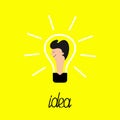 Light bulb line icon. Man face profile. Guy face head. Switch on lamp. Shining effect. Successful businessman idea. Business