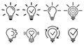 Light bulb linear icon set. Ideas and process icon in flat style. Light Bulb with gear, checkmark and arrows icon. Implementation