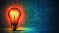 A light bulb is lit up on a blue background. The light bulb is surrounded by a pattern of wires and circuits. Concept of Royalty Free Stock Photo