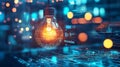 A light bulb is lit up in a cityscape with the words "Innovation" written undern Royalty Free Stock Photo