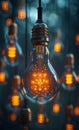 A light bulb is lit up and hanging from the ceiling Royalty Free Stock Photo