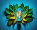 light bulb lit with warm glow on a leaves bed with soft shadows on a blue background, sustainability energy concept with bright Royalty Free Stock Photo