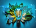 light bulb lit with warm glow on a leaves bed with soft shadows on a blue background, world map doted, sustainability energy Royalty Free Stock Photo