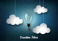 Light bulb is among a lot of cloud on dark blue background with Origami paper cut style, Representation of creative business idea