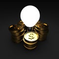 Light Bulb With Many Dollar Coins. Making Money Idea Concept Royalty Free Stock Photo