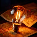 Light bulb with map, showing creative travel concepts and ideas