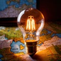 Light bulb with map, showing creative travel concepts and ideas