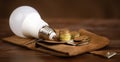 Light bulb with money coins, saving energy, save power banner Royalty Free Stock Photo