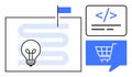 Pathway to Innovation Featuring Light Bulb, Coding Tag, Shopping Cart, and Blue Flag