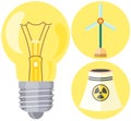 Light bulb near wind turbine and nuclear power plant icons. Production of eco friendly electricity Royalty Free Stock Photo