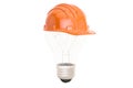 Light bulb with orange hardhat, 3D rendering