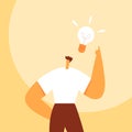 Light bulb over the man head. Business concept of creating new good ideas or thoughts. Cartoon male character, businessman Royalty Free Stock Photo