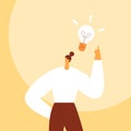 Light bulb over the woman head. Business concept of creating new good ideas or thoughts. Cartoon female character, businessman.