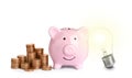 Light bulb, piggy bank and stacked coins on background. Energy efficiency, loan, property or business idea concepts