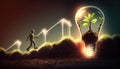 light bulb placed ground plants growing human figure walking ladder success renewable energy generation essential future